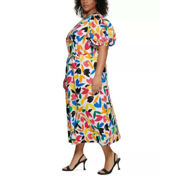 NWT Calvin Klein Colorful Print Dress Size 20W Puff Sleeve Cotton Artsy Rainbow - Picture 4 of 15